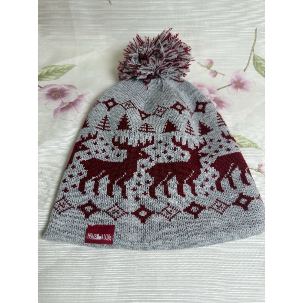 Home Alone Christmas Beanie Hat Reindeer Fair Isle Pom Pom Gray Red